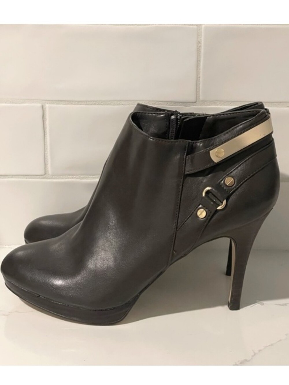 Marc Fisher Dark Brown Leather High Heel Ankle Boots with Gold Accents